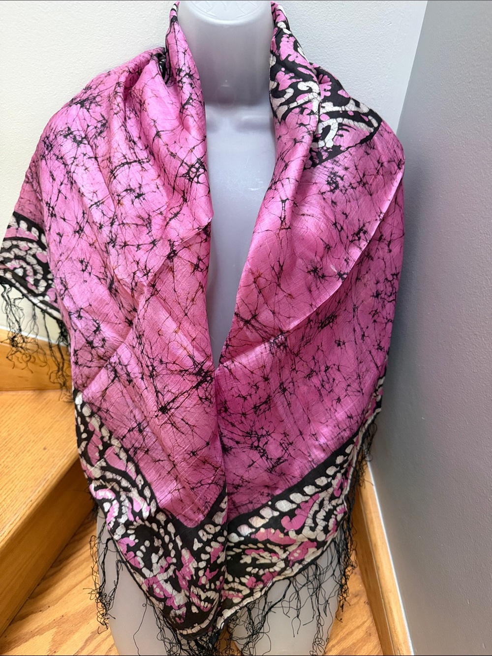 NWOT Silk Batik Square Scarf Pink Black Mandala Medallion Fringe
